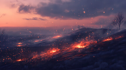Wall Mural - Softly glowing embers sink into the twilight landscape, misty, ember, glow. Ember Twilight. Illustration