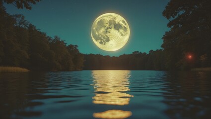 Wall Mural - moon descending over lake with trees in shadow.