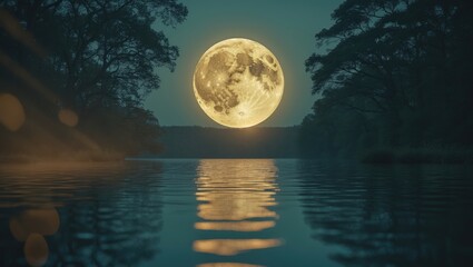 Wall Mural - moon descending over lake with trees in shadow.
