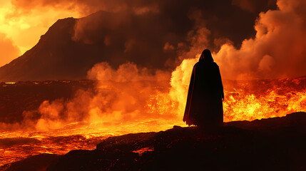 Wall Mural - Ethereal cloaked figure silhouetted against flowing magma dramatic volcanic landscape at twilight billowing smoke and ember particles. Ember Twilight. Illustration