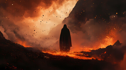 Wall Mural - Ethereal cloaked figure silhouetted against flowing magma dramatic volcanic landscape at twilight billowing smoke and ember particles. Ember Twilight. Illustration