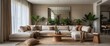 © The 2R Artificiality - Modern interior of open space featuring a design modular sofa, furniture, wooden coffee tables, plaid, pillows, tropical plants, and elegant personal accessories in stylish home decor. Neutral livi...