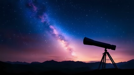 Silhouette of telescope against vibrant night sky with Milky Way galaxy, purple and blue cosmic clouds above mountain landscape at sunset.