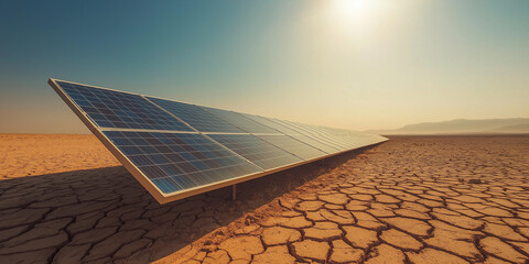 Solar panel array in arid desert environment under bright sunlight