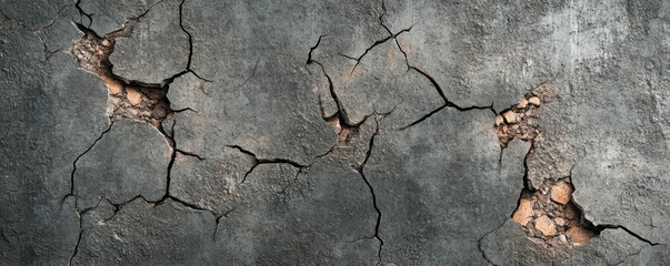 a banner with the texture of a cracked grunge concrete wall covered with an abstract network of cracks, dark gray tinting with terracotta inclusions