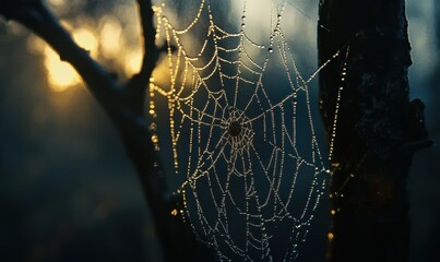 A dew-covered spider web glistens in the morning light.