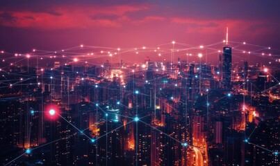 Futuristic cityscape with 6g neon lights and digital grid technology