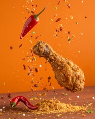 Fototapete - The image features a floating, crispy fried chicken drumstick surrounded by colorful spices and a couple of red chili peppers, all set against an orange backdrop.