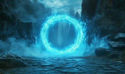 Wall Mural - glowing futuristic portal surrounded by swirling neon lights and a mysterious mist, inviting a journ