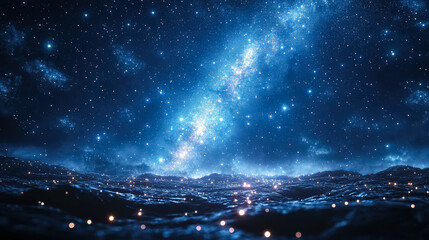 starry night sky with a bright blue milky way. the stars are scattered throughout the sky, creating 