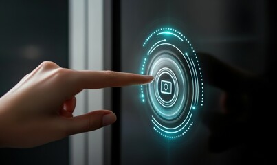 Hand Touching Digital Security Lock Icon on Futuristic Interface