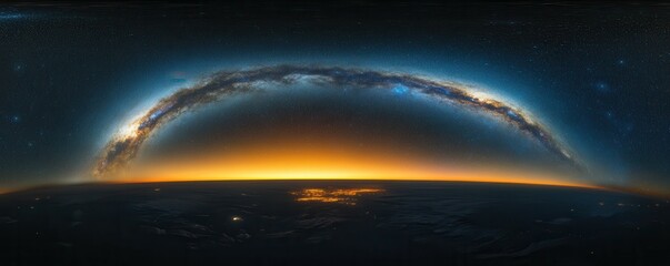 Wall Mural - A stunning panoramic view of Earth from space, showcasing the sunrise over the horizon with the Milky Way galaxy in the background.