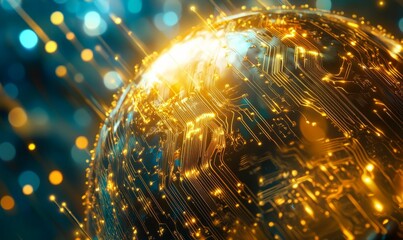 pherical representation of interconnected globe with golden network and circuitry overlaid, symbolizing global communications