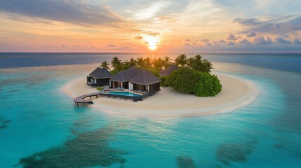 Wall Mural - breathtaking sunset over a tropical beach with a secluded wooden house and lush greenery