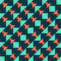 Fototapete - Abstract illustration of triangles in shades of orange and green on a dark green background. The symmetrical composition emphasizes the changing shapes, creating rhythm and illusion. 3d rendering