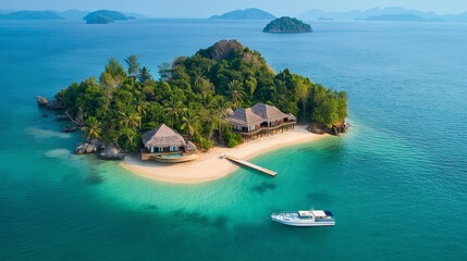 Wall Mural - tropical island beach view with a house and traditional wooden boat near