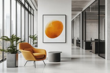 Fototapete - Modern interior design featuring abstract art in an urban office space with large windows and contemporary furniture