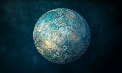 Wall Mural - Small blue and green planet is shown in the center of the image. The planet is surrounded by a dark blue background