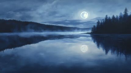 Wall Mural - Serene moonlit night over a calm lake, with a reflection of the full moon and misty clouds creating a tranquil and ethereal atmosphere. Moonbeam Whispers. Illustration