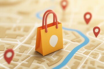 Poster - Elegant delivery route map design featuring grocery bag icon and location pins for efficient shopping