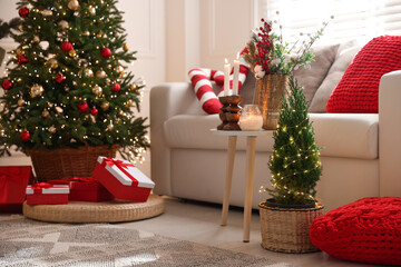 Poster - Beautiful Christmas tree and other decor in room. Festive interior design