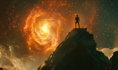 Wall Mural - cosmic explorer standing atop a glowing metallic structure overlooking a swirling luminous nebula, f