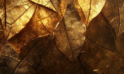 Close-up of golden autumn leaves illuminated by warm sunlight, intricate textures and rich colors creating a seasonal design