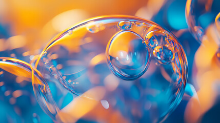 Wall Mural - close-up view of soap bubbles with dynamic reflections of light, showcasing blue and orange hues in 