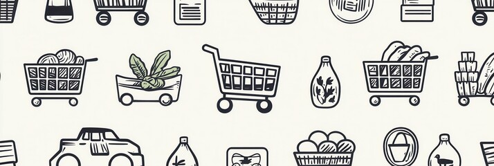 Poster - Seamless grocery-themed pattern featuring shopping cart, delivery icons, and fresh vegetables in minimalistic monochrome design