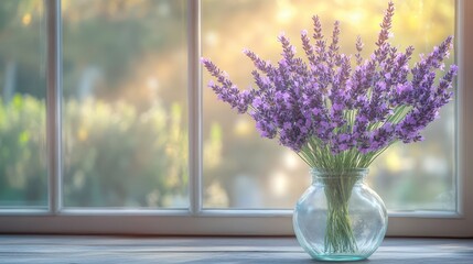 Fototapete - Lavender bouquet in a glass vase on a wooden table under sunlight near a window with a soft focus garden view