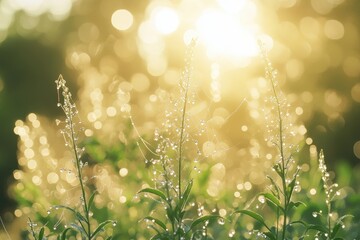 Aufkleber - Intricate spider web glistens with morning dew in soft light, showcasing nature's delicate artistry and intricate designs in a tranquil outdoor setting