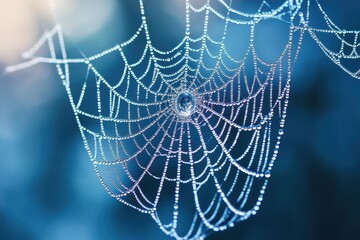 Aufkleber - Intricate spider web glistens with morning dew in soft light, showcasing nature's delicate artistry and intricate designs in a tranquil outdoor setting