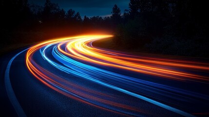 Wall Mural - In the dark, speed motion on the neon glowing road. Speed motion on the road. Acceleration in colored light streaks. Abstract illustration. Pink, Orange, and Blue motion streaks