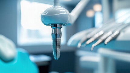 Aufkleber - Futuristic robotic arm delicately holds a titanium dental implant in advanced laboratory setting with sleek aesthetics