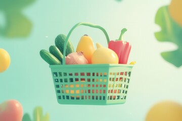 Aufkleber - Fresh vegetables and fruits fill a green shopping basket against a soft pastel background in a minimalistic illustration