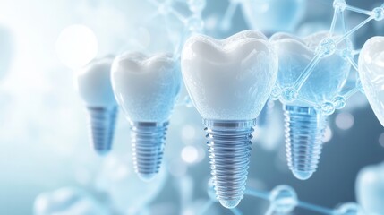 Aufkleber - Floating molecular structures illustrate strong titanium dental implants in a scientific abstract background with soft blue gradients and white hues