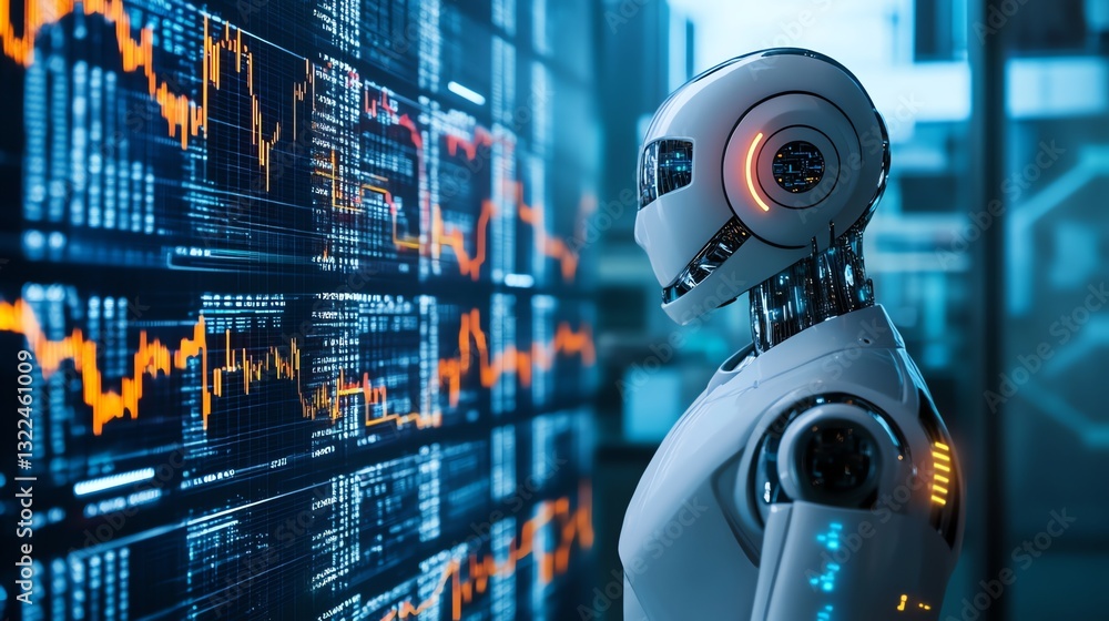 Robot Analyzing Stock Market Data on Multiple Screens Future Technology ...