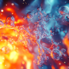 Fototapete - Shimmering bubbles form fluid, organic shapes as if in a state of weightlessness. Deep blues and vibrant orange-gold hues enhance the play of light and add a futuristic aesthetic to the composition