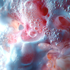 Poster - Abstract composition of fluid, shimmering shapes. Transparent blues and pinks overlap to create a sense of depth and lightness