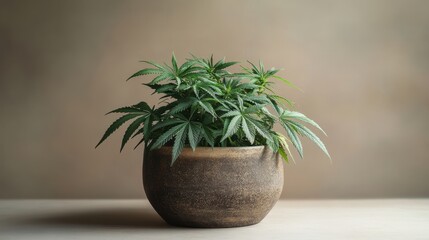 Aufkleber - Beautifully arranged cannabis plants in a modern planter showcasing vibrant green foliage and rich textures in a controlled indoor environment