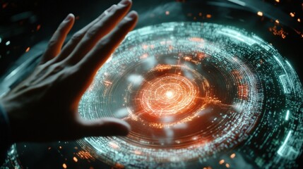 Businessman uses his hand to interact with a futuristic holographic interface, exploring new opportunities and navigating the digital landscape of modern business
