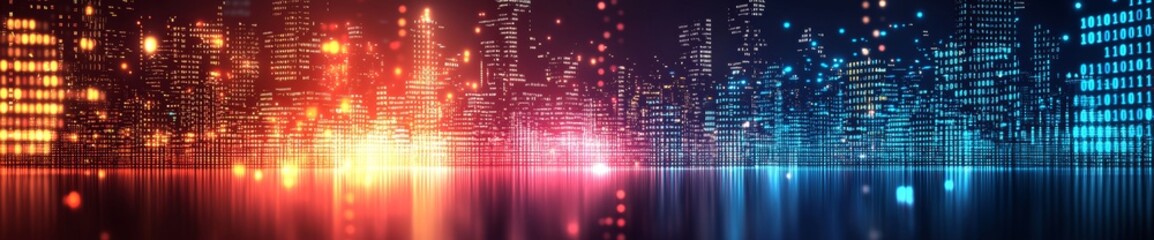 A digital city rendered in binary code placed on a matrix-style mixed media backdrop