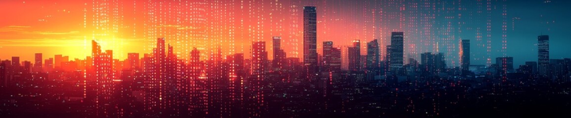 Binary code illustration of a digital city against a matrix mixed media background