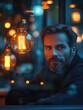 © munawaroh - Thoughtful man gazing at glowing pendant lights in a cozy café setting during evening hours