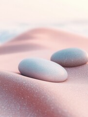 Poster - Minimalistic zen-inspired composition featuring smooth pebbles on soft pastel gradient background with delicate textures and balance in layout