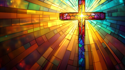 Wall Mural - a religious easter card featuring a stained glass window design, with a cross in the center and rays