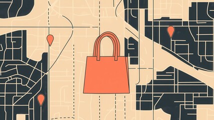 Poster - Elegant delivery route map featuring grocery bag icon and location pins in a modern design
