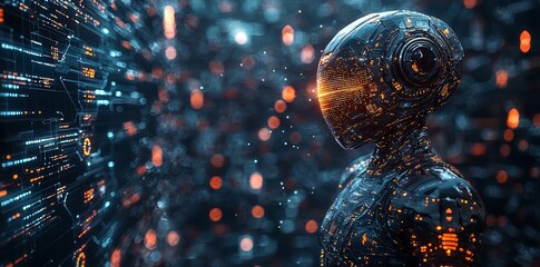 Cyber digital world: an android robot pointing at a computer with coding elements, AI chatbot, futuristic background, digital technology, automated stock. Represents the concept of computer