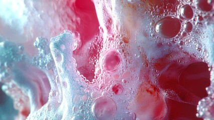 Fototapete - Abstract digital animation of viscous pink liquid flow with bluish foam and bubbles. Modern digital art, futuristic biomorphic design