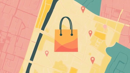 Poster - Elegant illustration of a delivery route map with grocery bag icon and location pins reflecting modern design